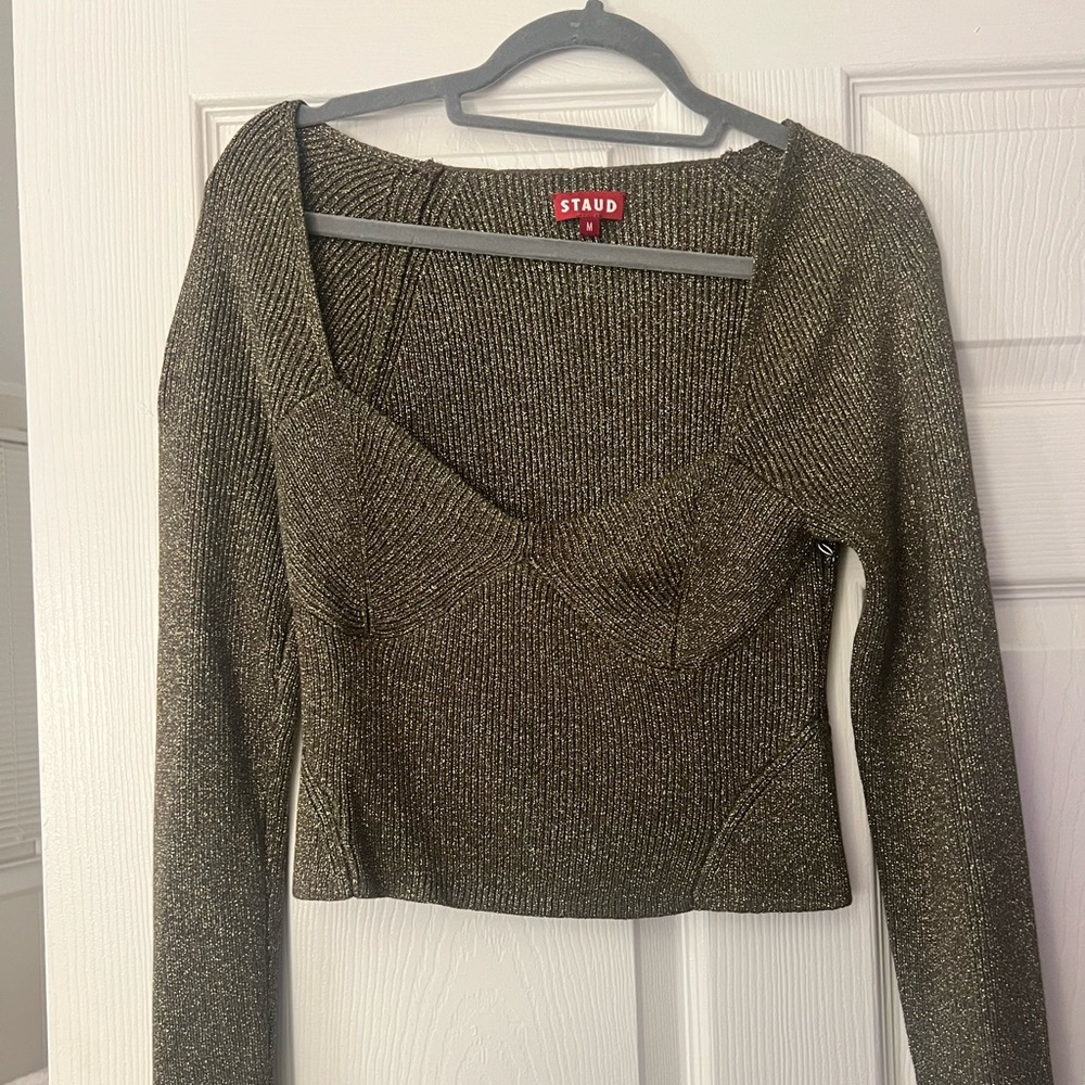 Staud gold metallic knit top